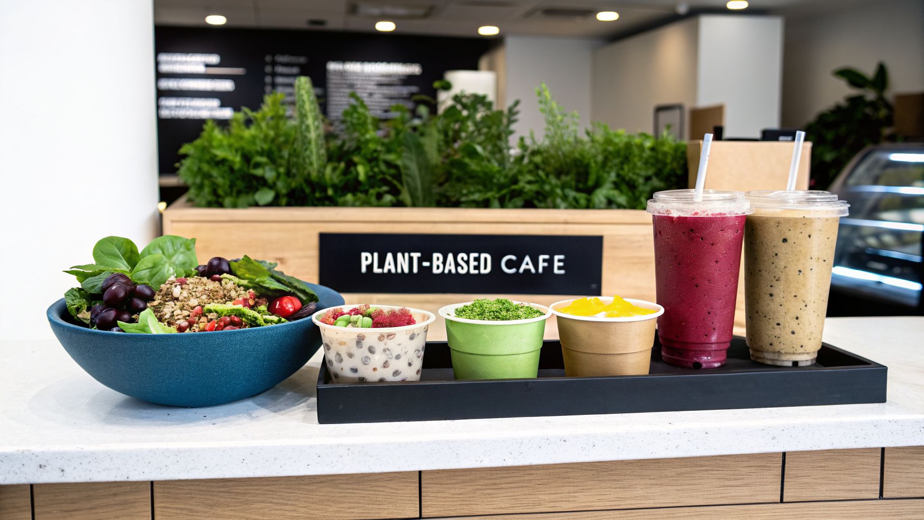 A display of vibrant plant-based food and drinks: salad, fruit cups, and two smoothies.