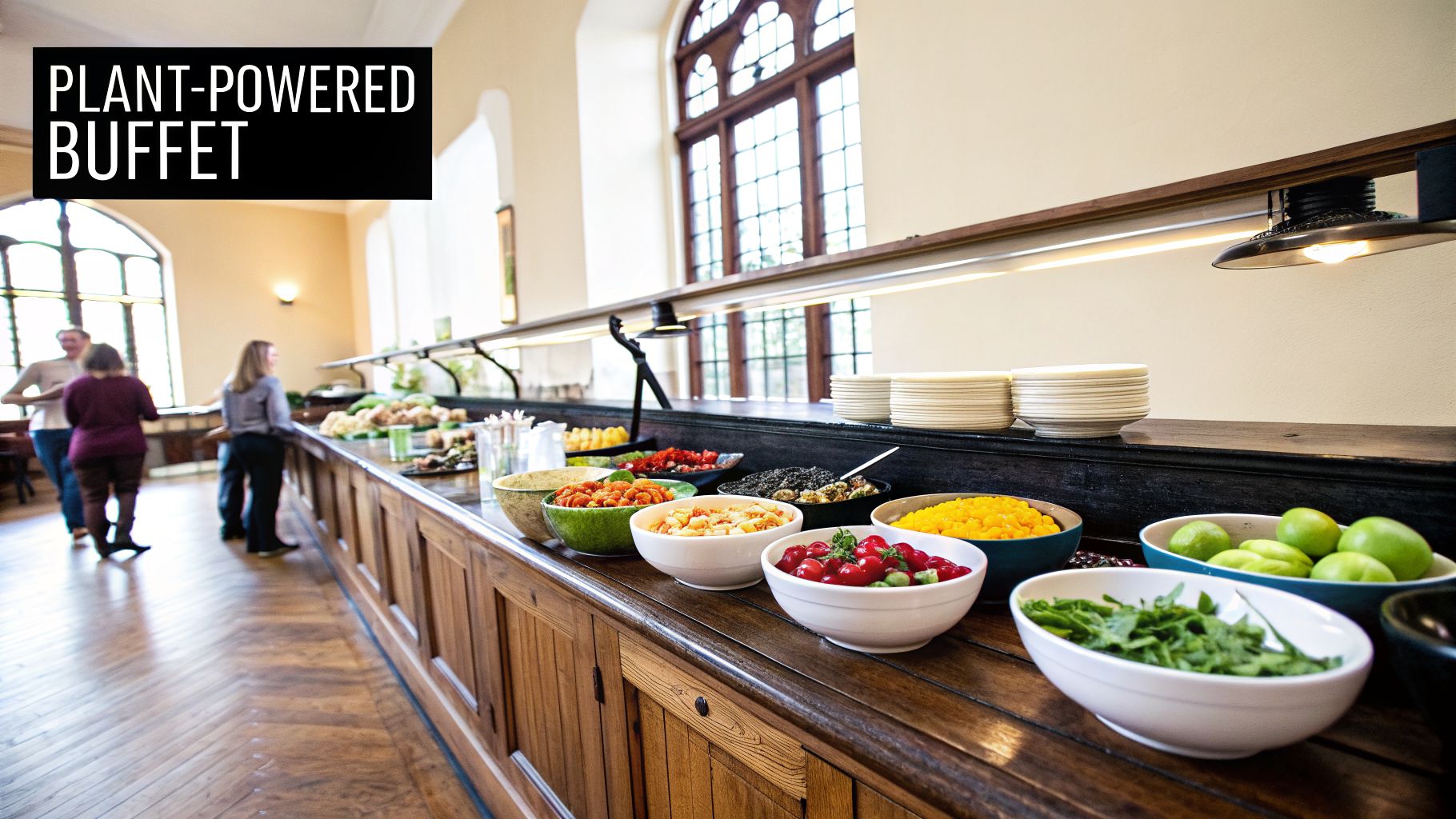 A vibrant plant-powered buffet featuring a variety of healthy salads and fresh ingredients in a large hall.