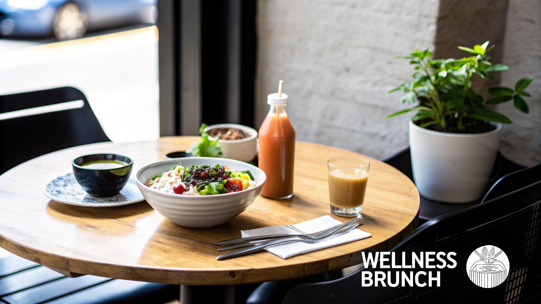 A healthy wellness brunch spread with salad, soup, and drinks on a bright wooden table.