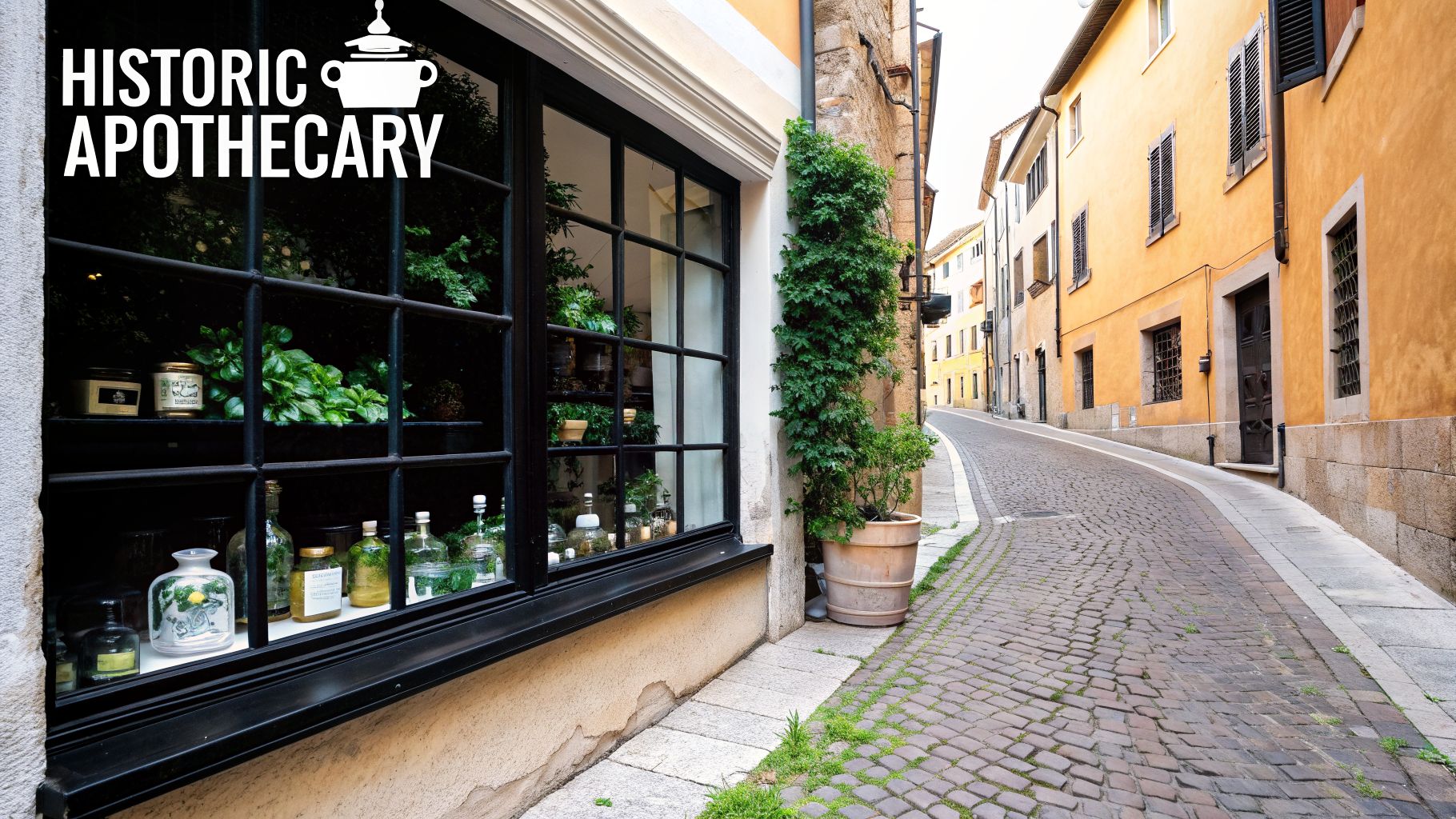 A historic apothecary shop window filled with plants and bottles on a charming cobblestone street in an old European town.