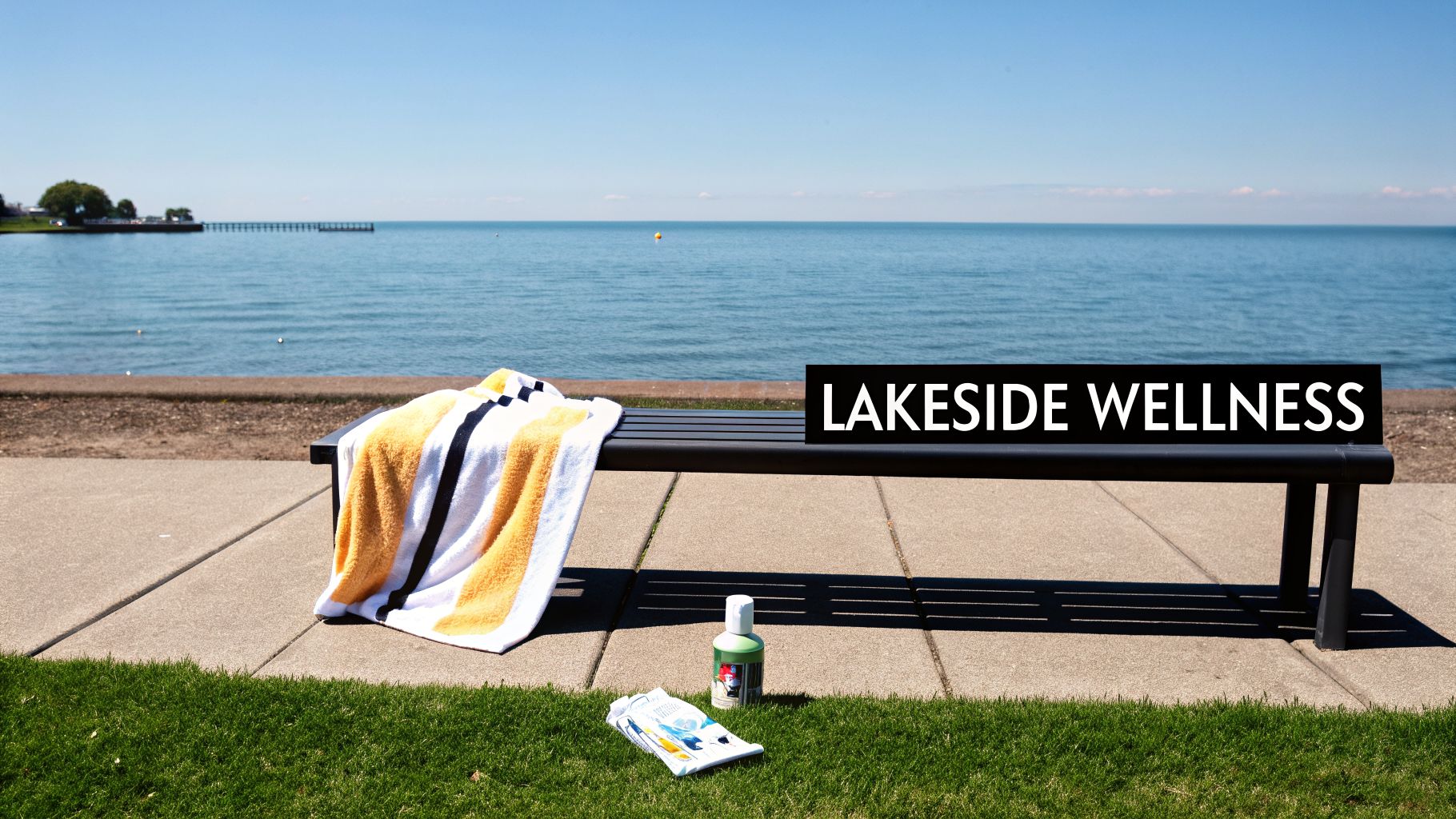 A sunny lakeside scene featuring a black bench, striped beach towel, and skincare items, promoting wellness.