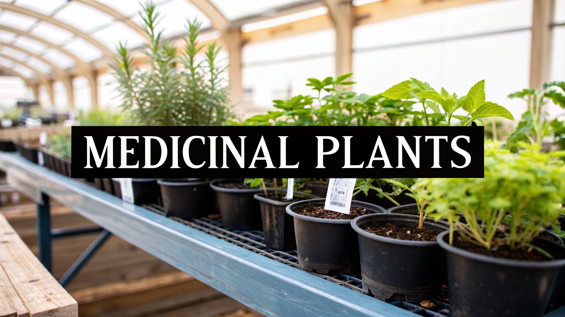 Medicinal plants in black pots on metal shelves inside a brightly lit greenhouse.