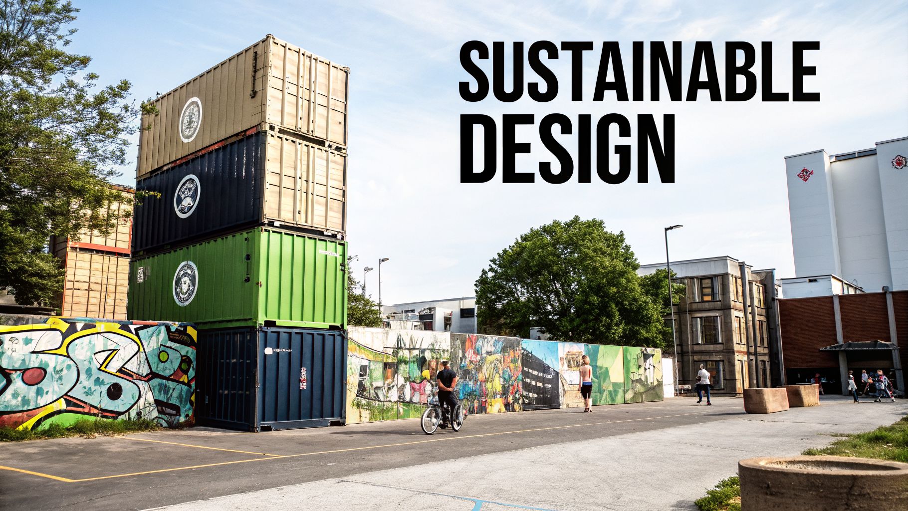 Stacked shipping containers with a colorful mural in an urban setting, featuring 'SUSTAINABLE DESIGN' text.