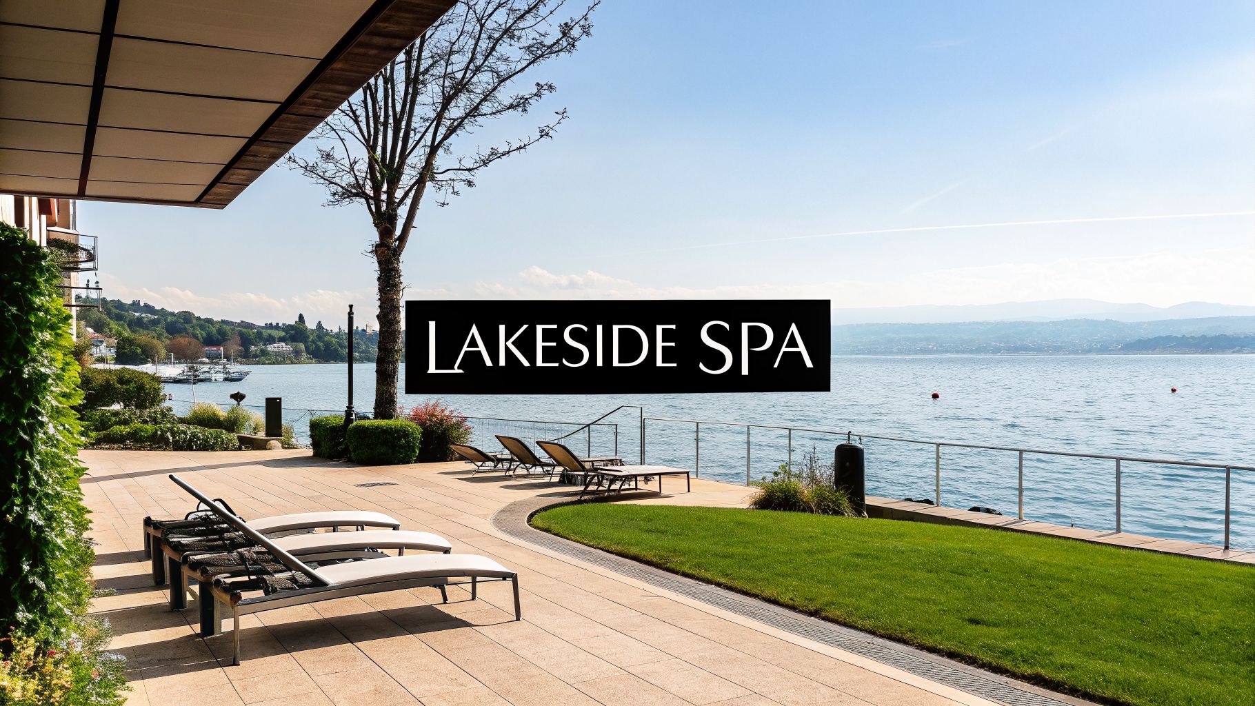 A luxurious lakeside spa with comfortable lounge chairs on a spacious patio overlooking a serene lake and distant mountains.
