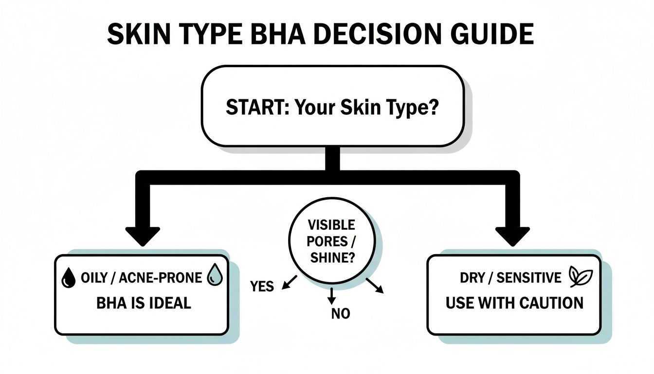 Skin type BHA decision guide flowchart, advising BHA for oily/acne-prone skin and caution for dry/sensitive skin, considering visible pores/shine.