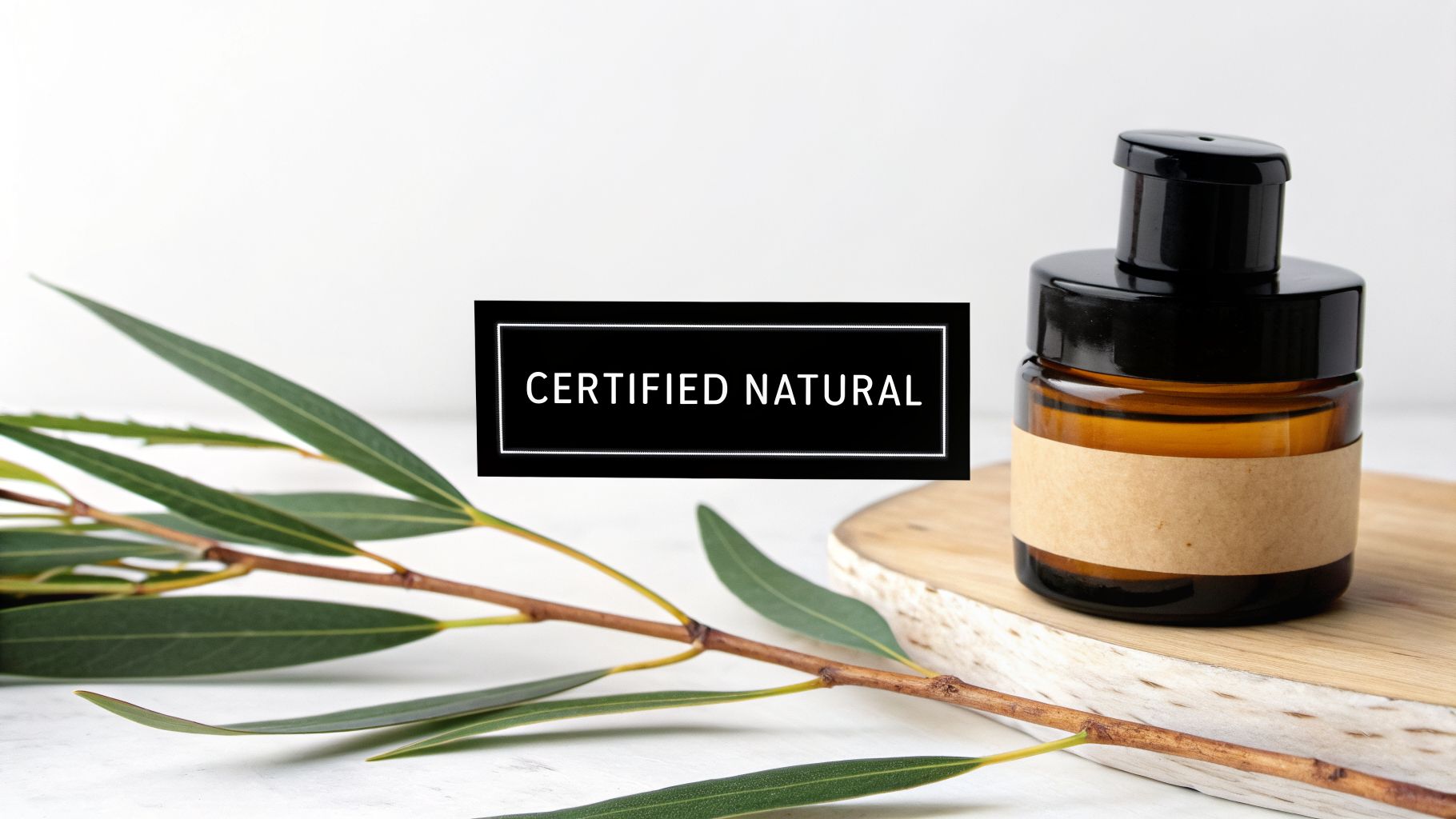 Amber cosmetic bottle with a blank label and eucalyptus leaves on a wooden board, with 'Certified Natural' text overlay.