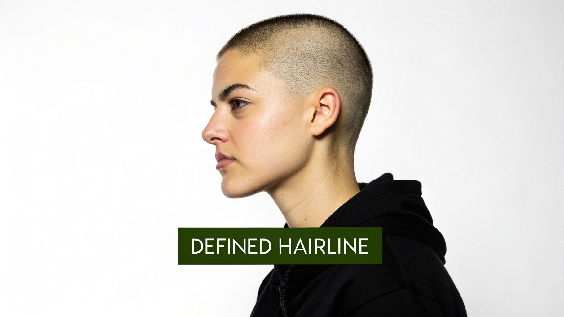 Profile view of a person with a short buzz cut and a clearly defined hairline.