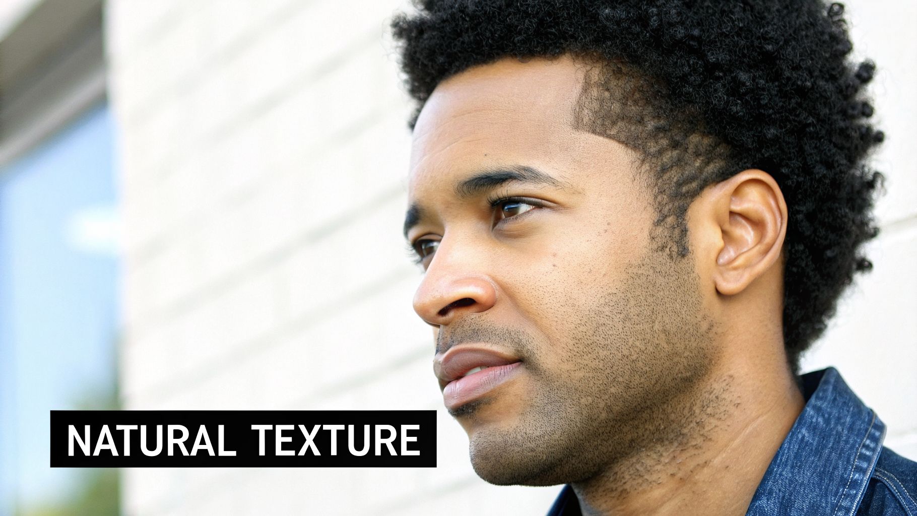 Side profile of a Black man with a textured afro haircut and a clean fade, showcasing natural texture.