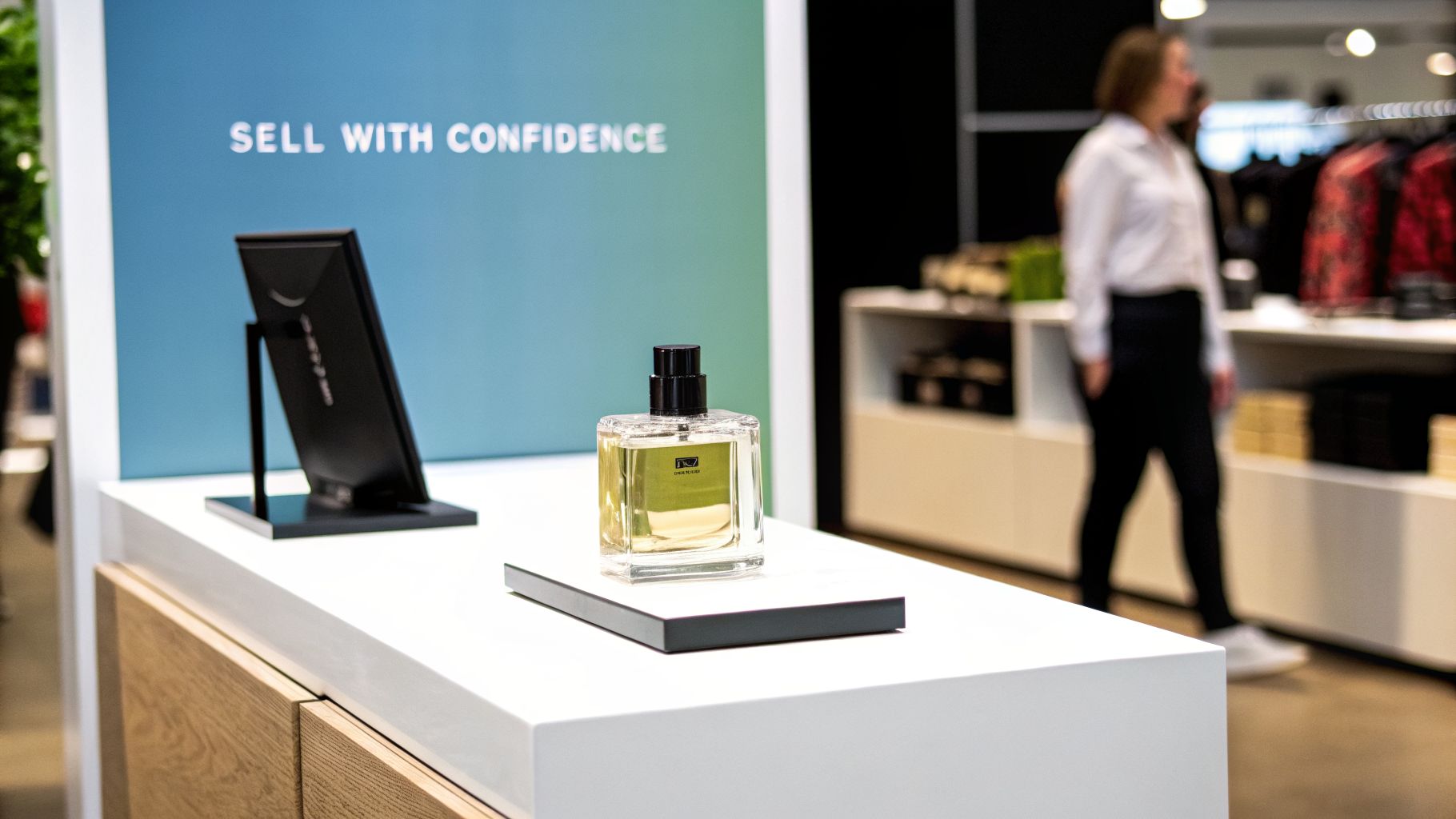 A Byredo perfume bottle displayed prominently in a modern retail environment with a monitor and sign.
