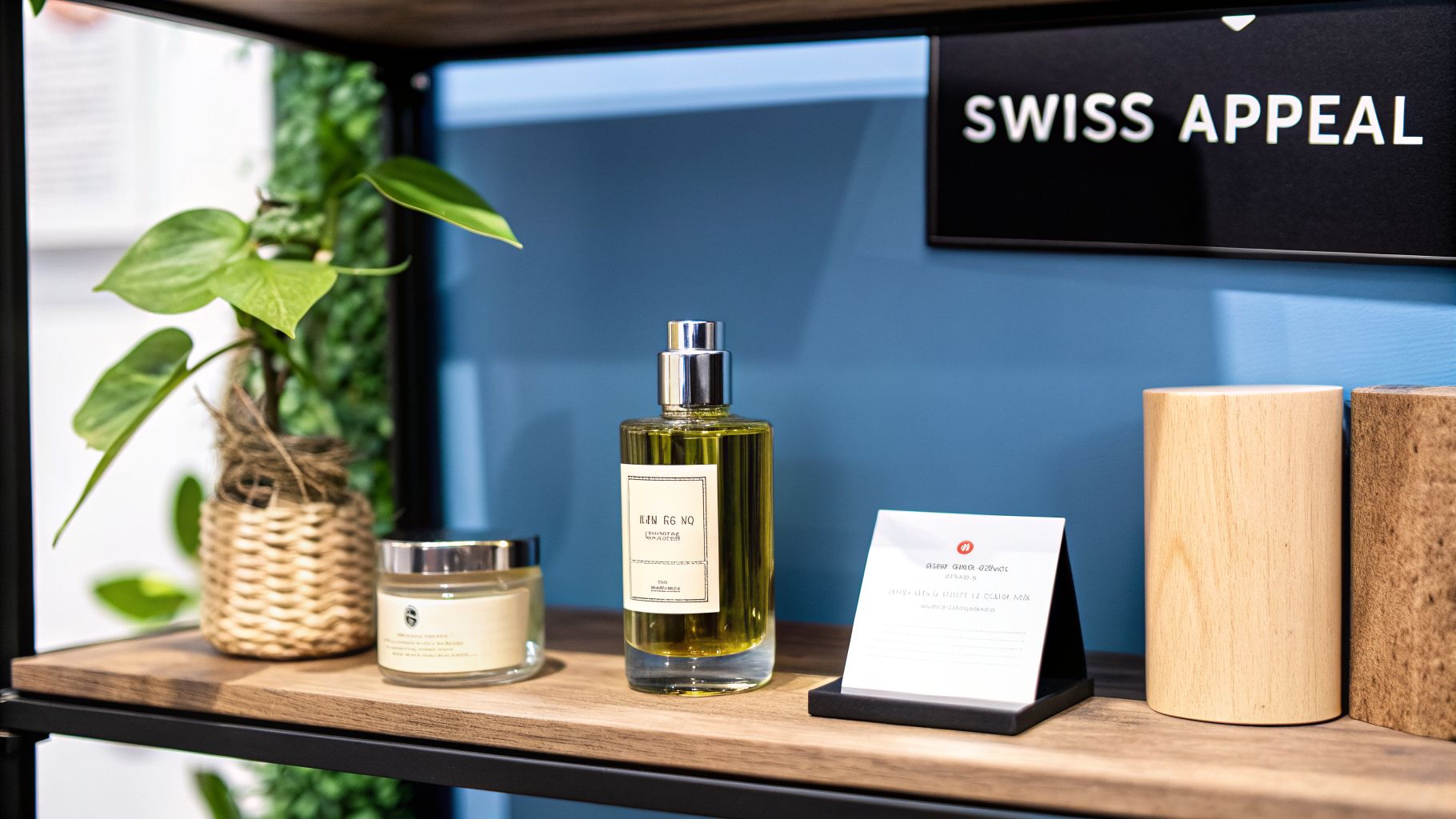 A wooden shelf displays a potted plant, a candle, a perfume bottle, and informational cards.