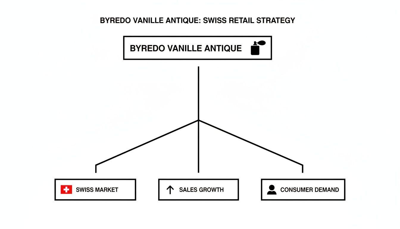 Diagram outlining Byredo Vanille Antique's Swiss retail strategy, focusing on market, sales growth, and consumer demand.