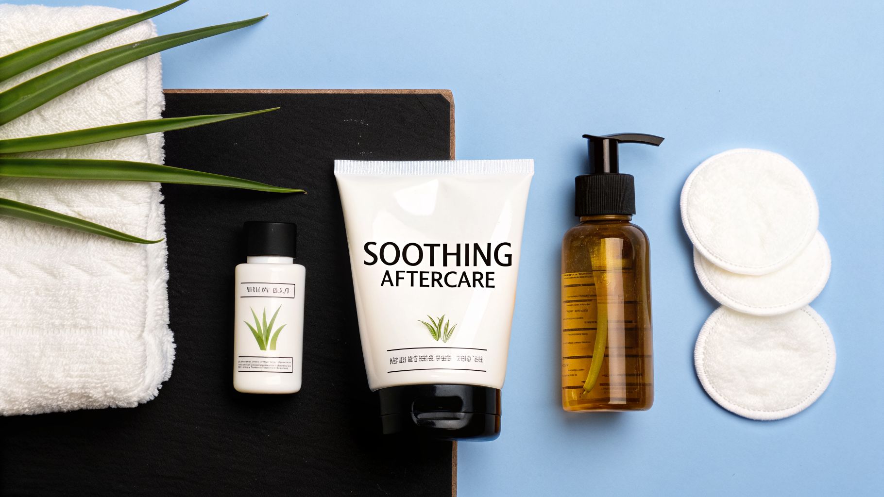 Skincare products including a soothing aftercare tube, lotion, oil, and cotton pads, on a two-tone background.