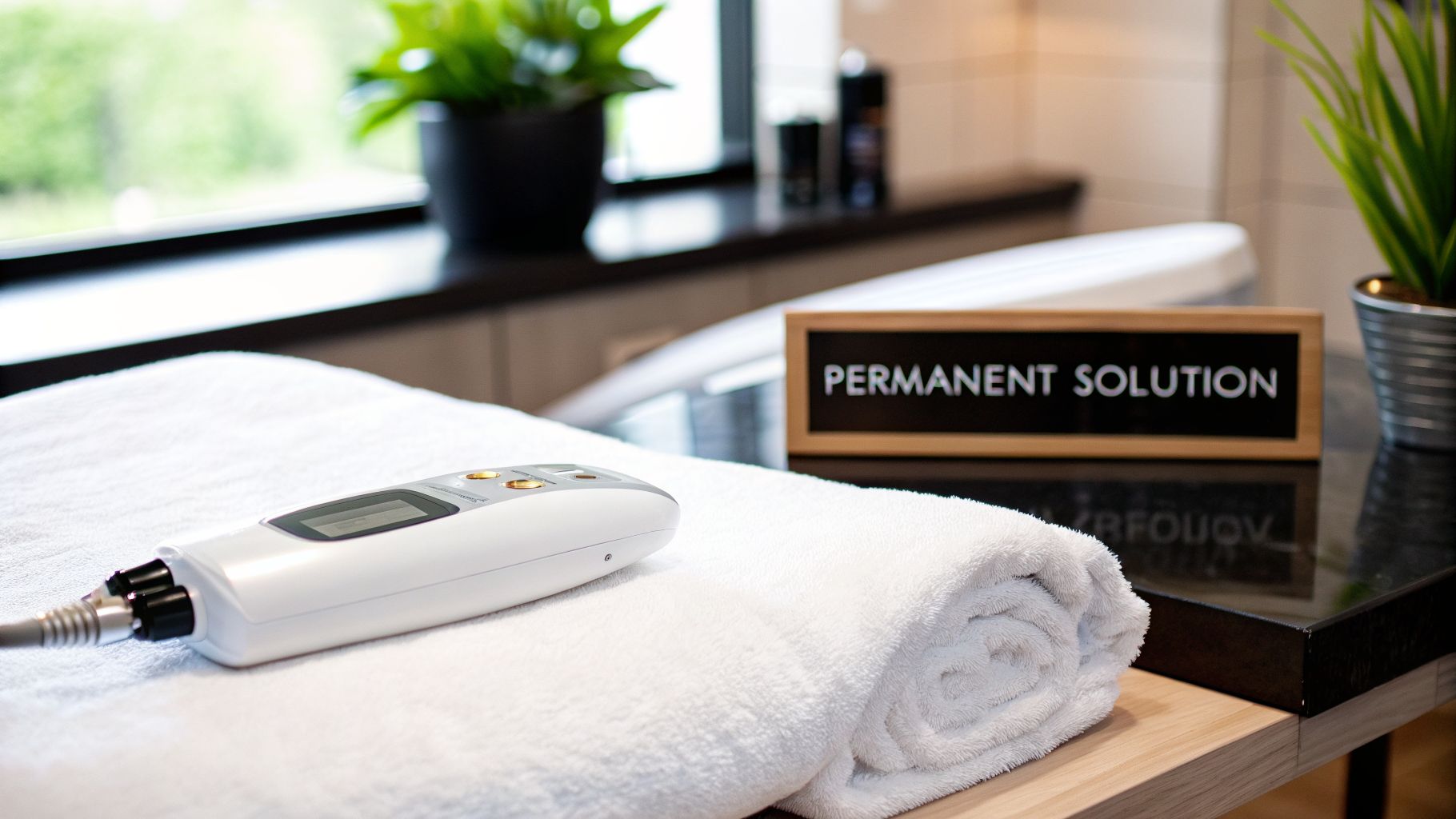 A white electrolysis device resting on a clean, rolled towel, with a "Permanent Solution" sign in a treatment room.