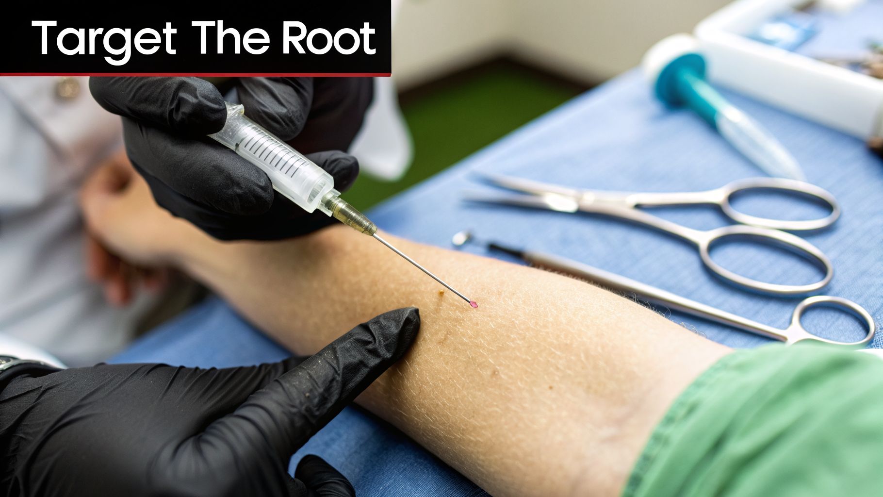 Gloved hands perform a procedure on a person's arm with a syringe and needle in a medical setting.