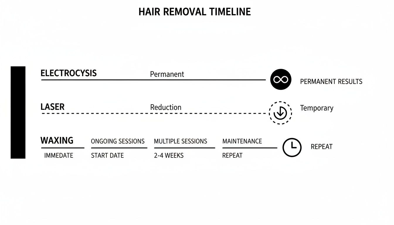 A hair removal timeline comparing electrolysis for permanent, laser for temporary reduction, and waxing for ongoing maintenance.