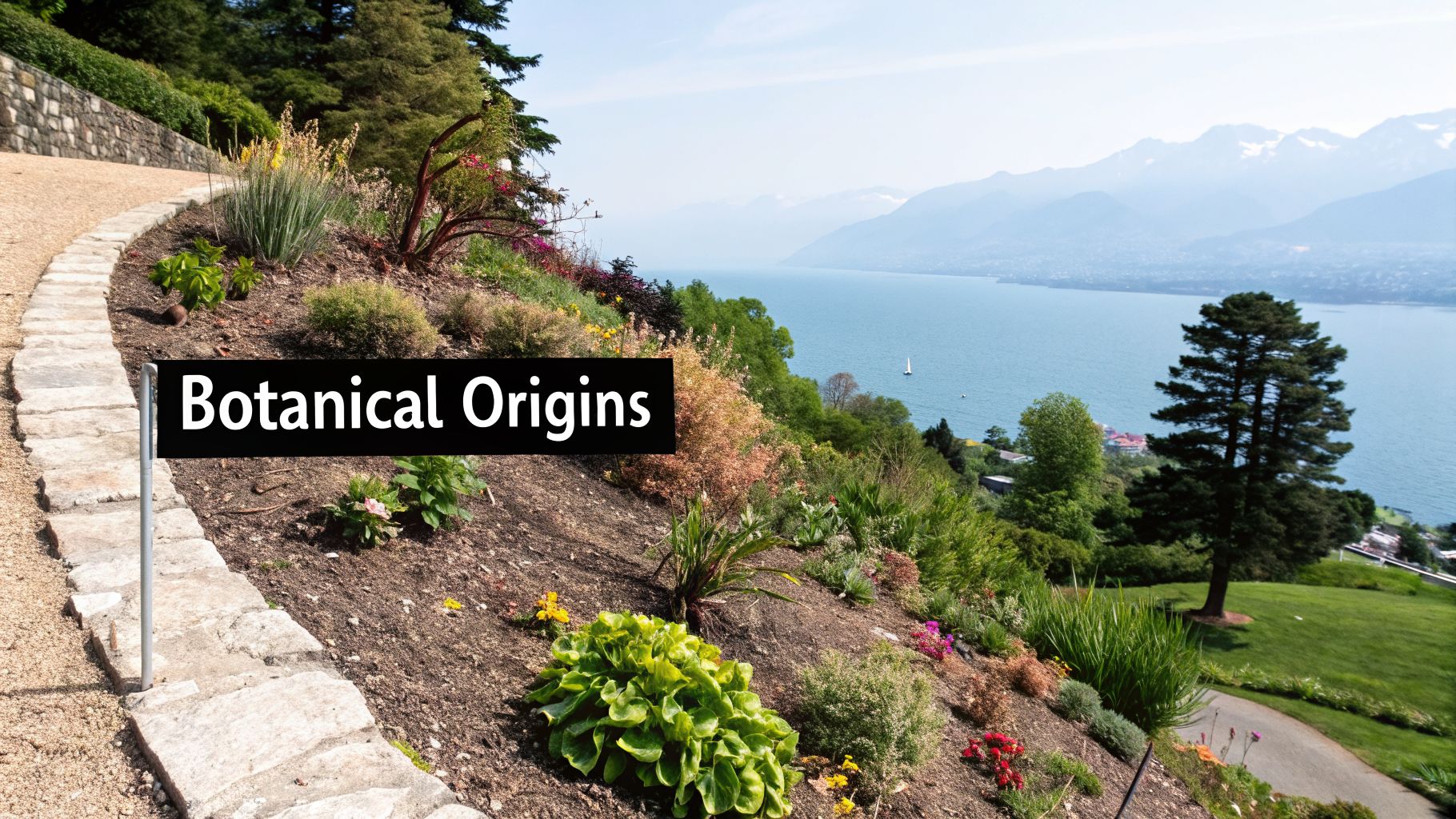 A scenic view of a botanical garden hillside with a 'Botanical Origins' sign, overlooking a lake and mountains.