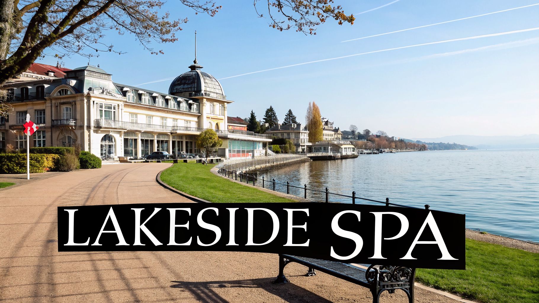 An elegant historic building, possibly a spa or hotel, sits by a tranquil lake under a clear blue sky.