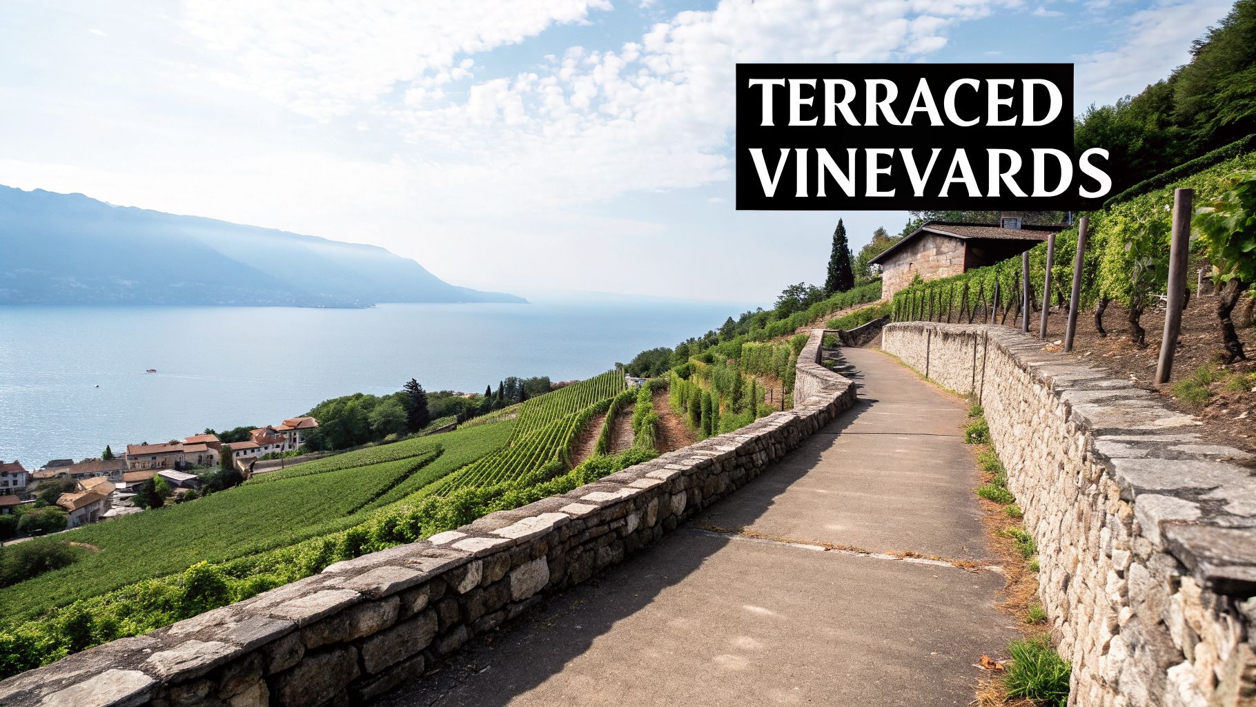 A scenic view of lush green terraced vineyards overlooking a vast lake and distant mountains.