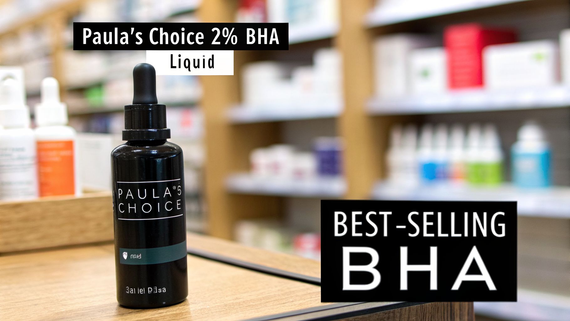 A black bottle of Paula's Choice 2% BHA Liquid on a wooden counter, with 'Best-Selling BHA' overlay.