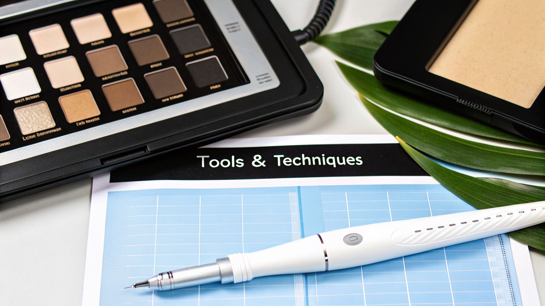 A flat lay showcasing cosmetic tools, including an eyeshadow palette, makeup compact, and a specialized pen, on a 'Tools & Techniques' document.