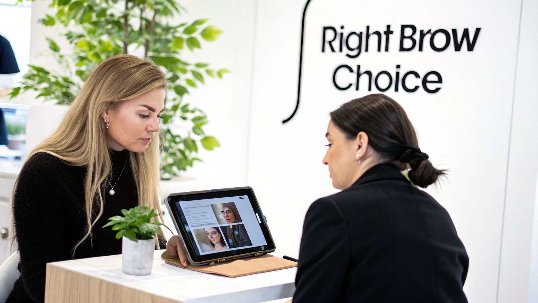 Two women in a modern salon, discussing eyebrow styling options on a tablet during a consultation.