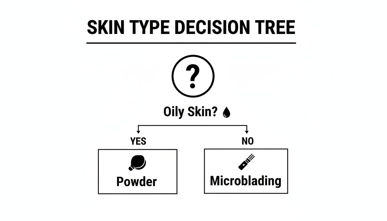 Decision tree for skin type, recommending powder brows for oily skin and microblading for non-oily skin.