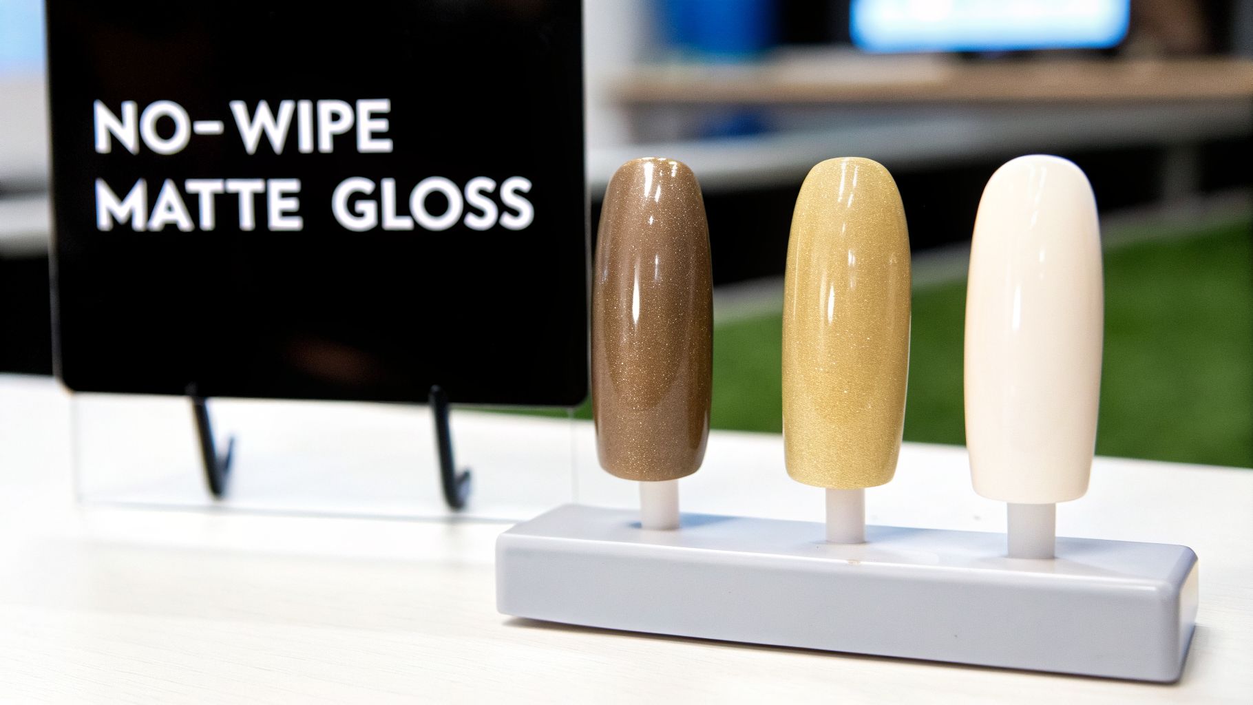 Gel polish swatches (brown, gold glitter, white) with a 'NO-WIPE MATTE GLOSS' sign for nail product display.