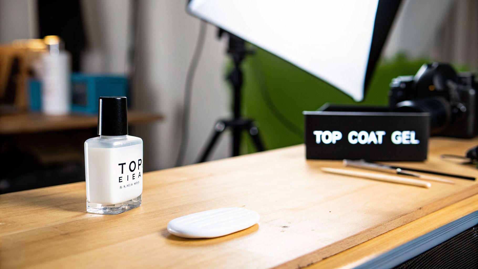 White TOP COAT GEL nail polish bottle and a nail file on a wooden table.