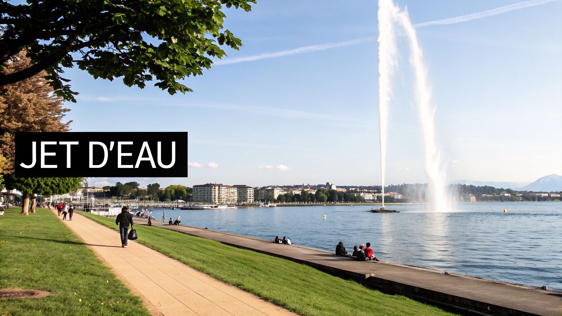 A wide shot of the iconic Jet d'Eau fountain in Lake Geneva, Switzerland, with people enjoying the sunny waterfront.