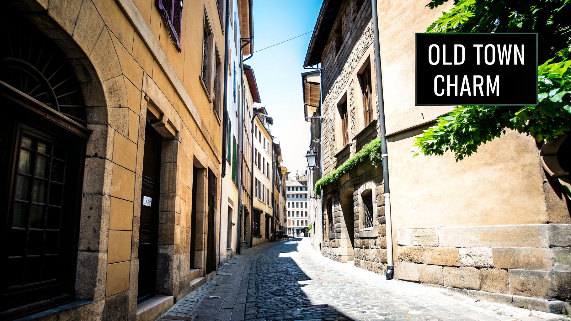 A charming, narrow cobblestone street winds through historic old town buildings under a bright blue sky.
