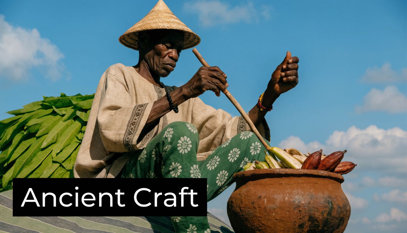 An elderly African artisan wearing a traditional hat and clothing, working with natural ingredients in a clay pot.