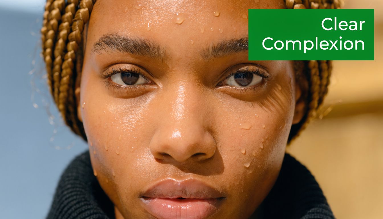 Close-up of a young woman with a clear, dewy complexion and braids looking directly at the camera.