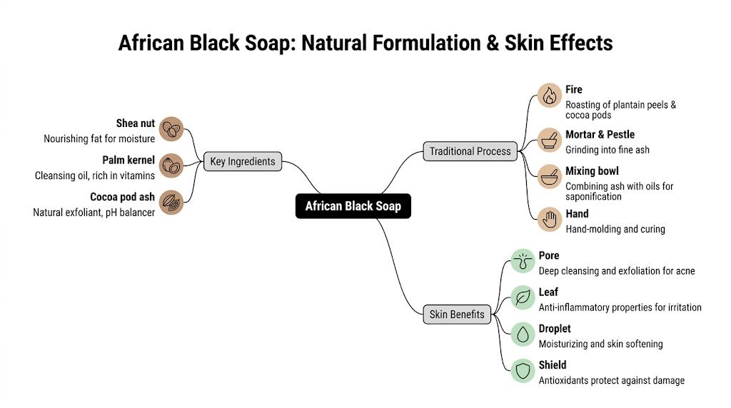 A mind map infographic illustrating the key ingredients, traditional production process, and skin benefits of African Black Soap.
