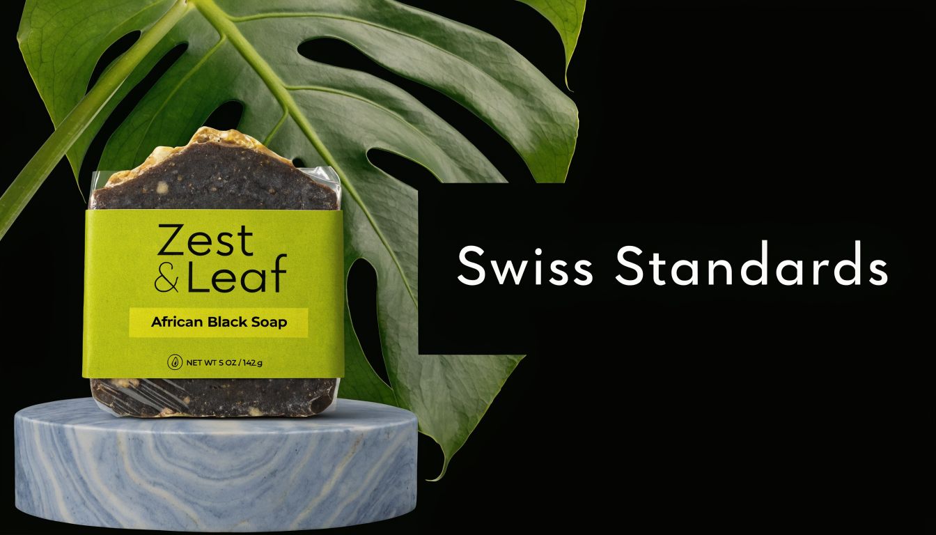 A bar of Zest & Leaf African black soap displayed on a marble stand with a leaf background.