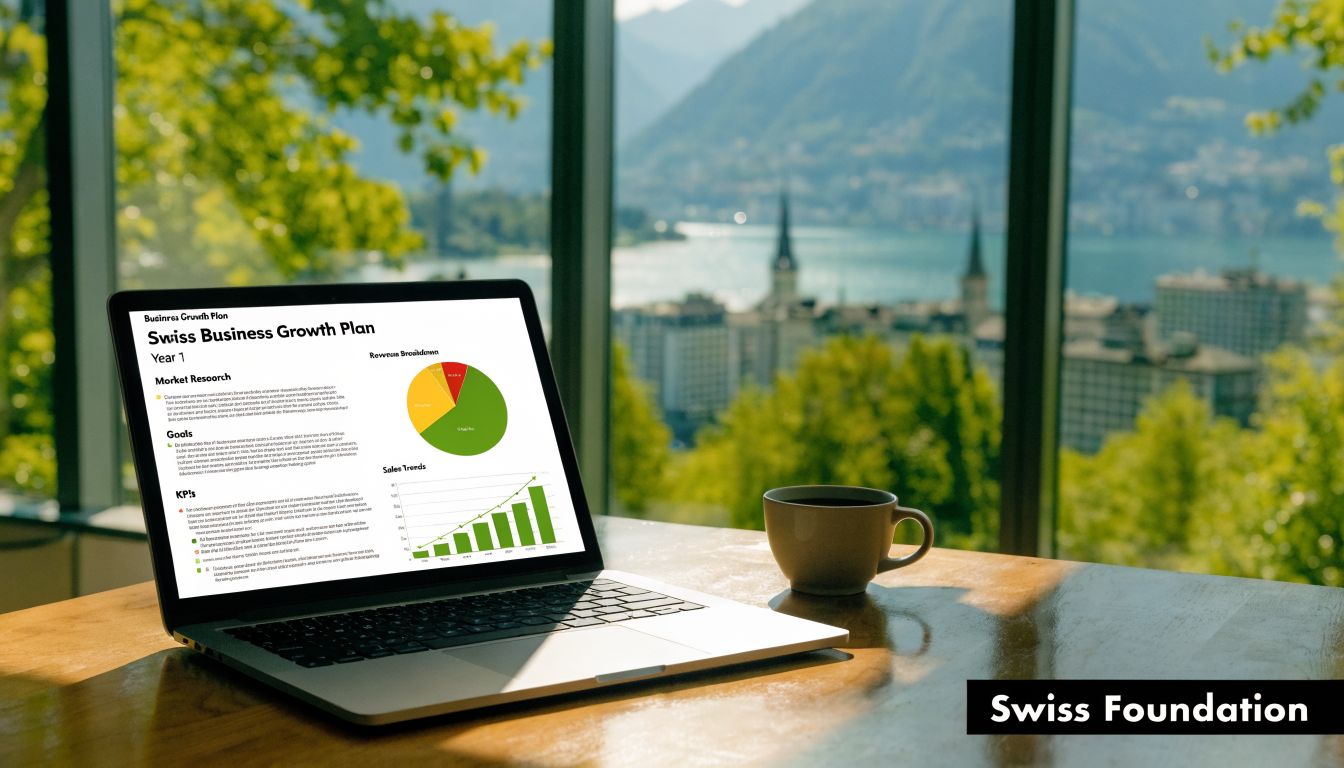A modern laptop displaying a business growth plan with charts sitting on a table overlooking a Swiss landscape.