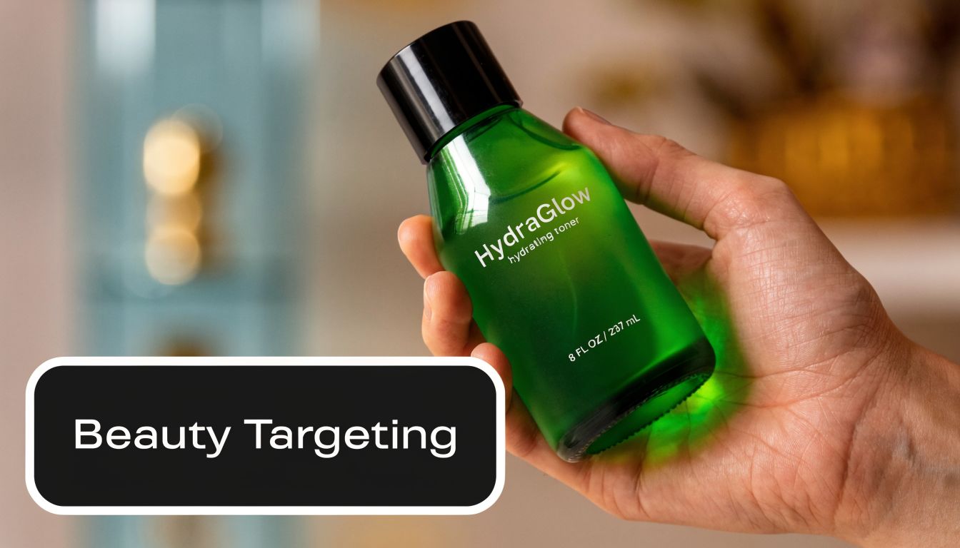 A hand holding a green glass bottle of HydraGlow hydrating toner with Beauty Targeting text displayed below.