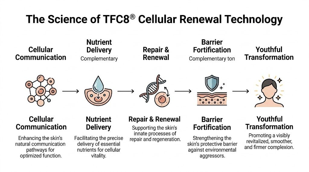 A diagram illustrating the TFC8 Cellular Renewal Technology process, showing cellular communication, nutrient delivery, repair, barrier fortification, and transformation.