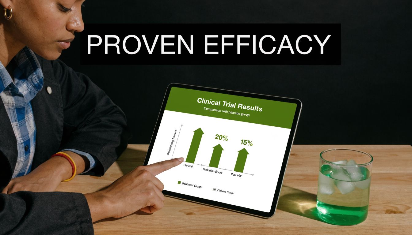 A professional analyzing a digital chart displaying clinical trial results for a beauty product on a tablet.