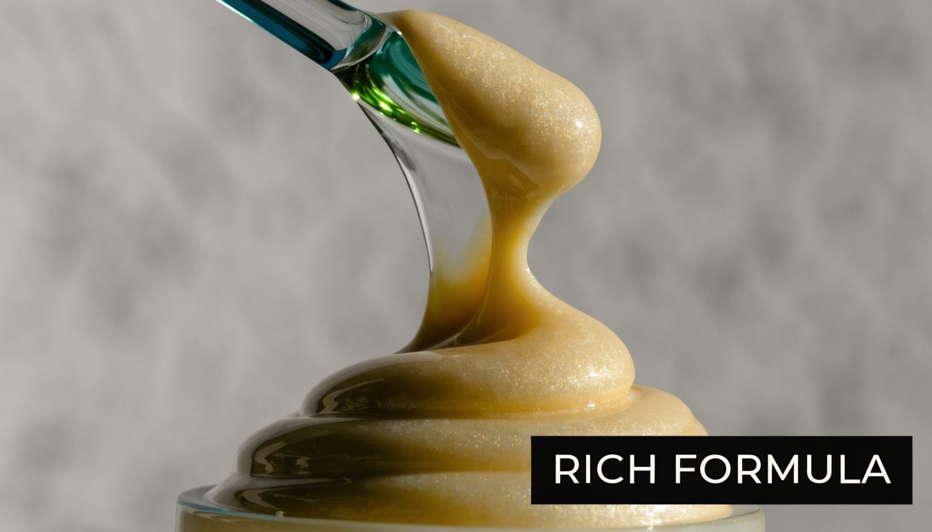 A close up view of a thick, golden skincare cream being scooped with a glass spatula.