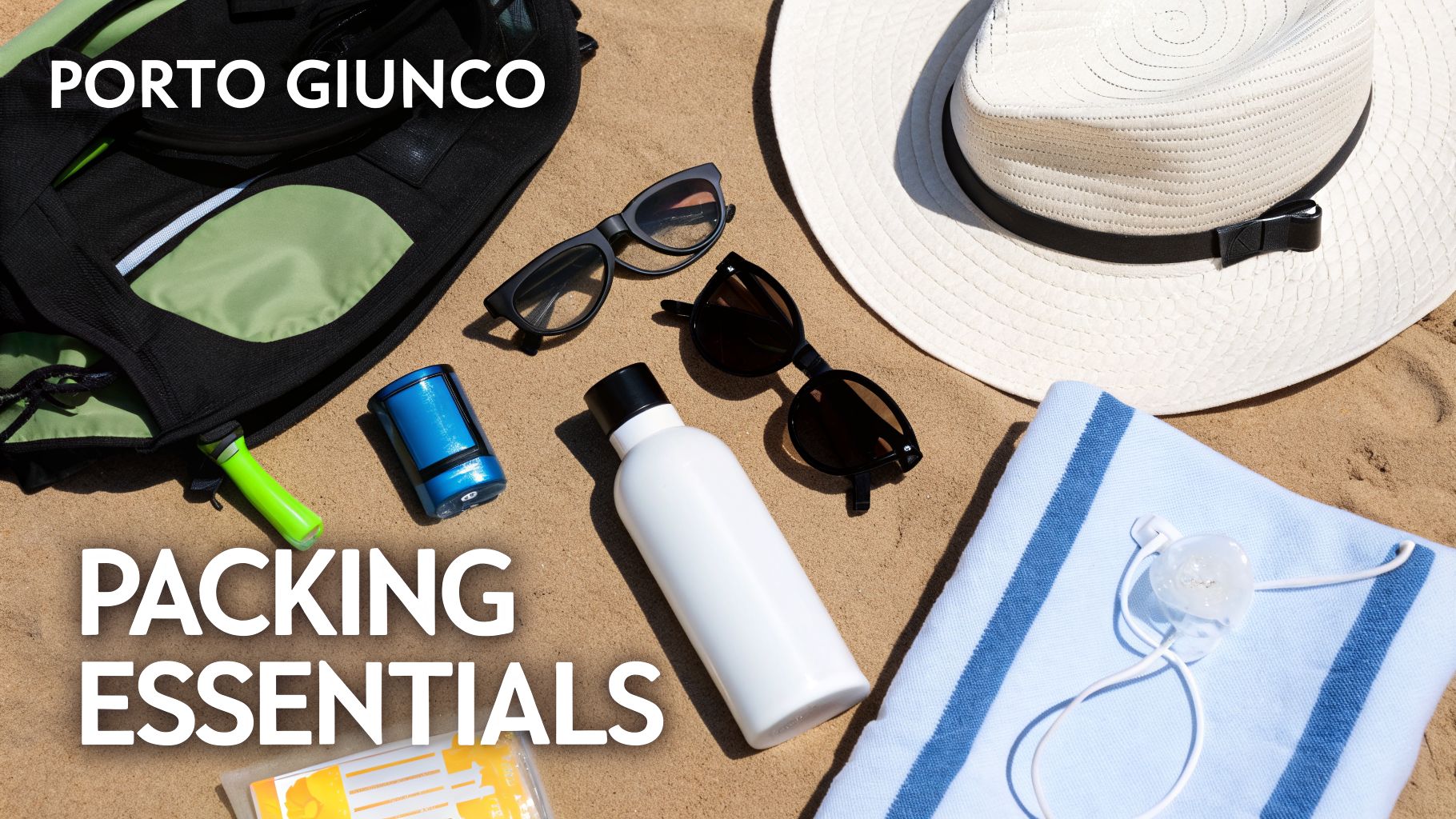 A flat lay of beach packing essentials on sand, including a backpack, sunglasses, hat, water bottle, and towel.