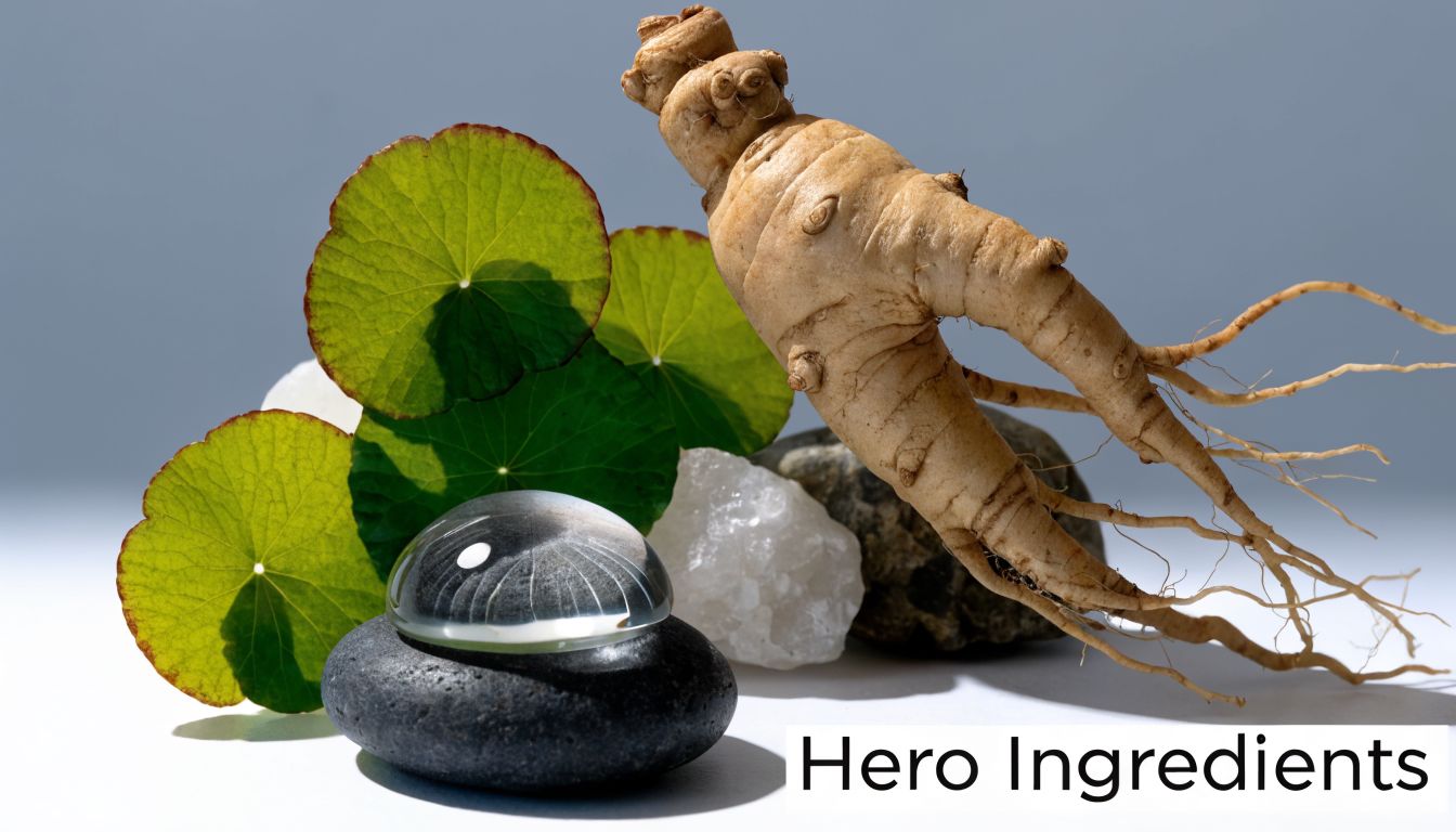A close-up of a ginseng root, green leaves, stones, and a clear glass dome on a surface.