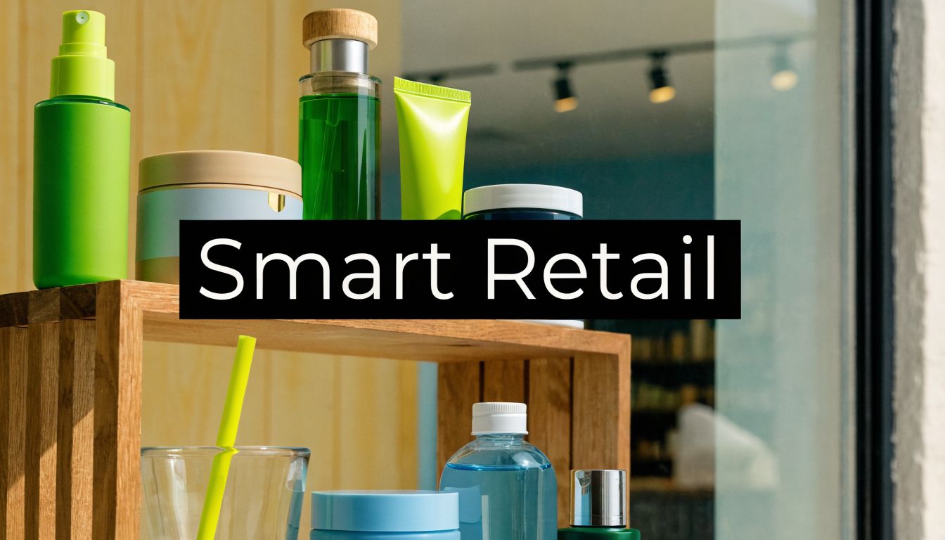 A wooden shelf displays various skincare and cosmetic product containers with a bright, modern shop background.