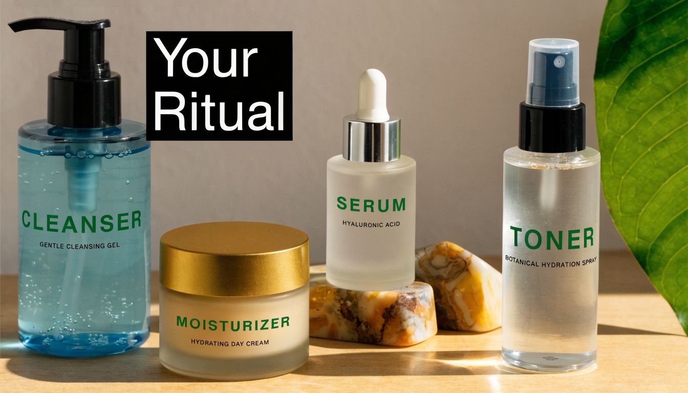 A collection of skincare products including cleanser, moisturizer, serum, and toner arranged on a wooden surface.
