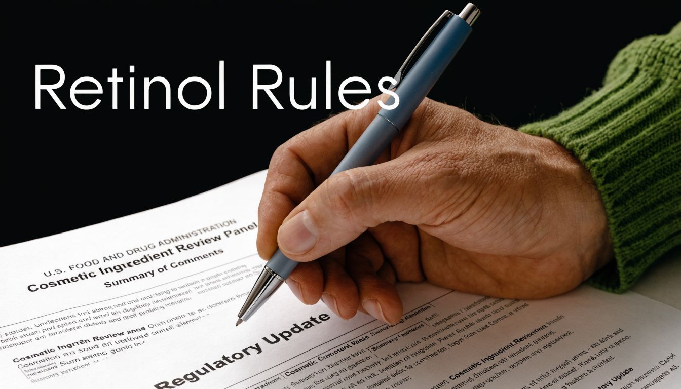 A person writing on a document titled Regulatory Update about cosmetic ingredients with a pen.