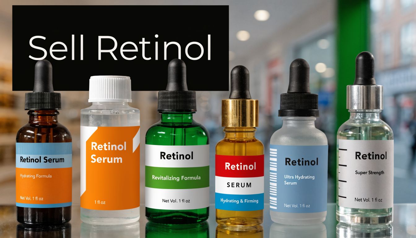 A lineup of six different glass bottles of retinol serum arranged on a reflective surface for display.