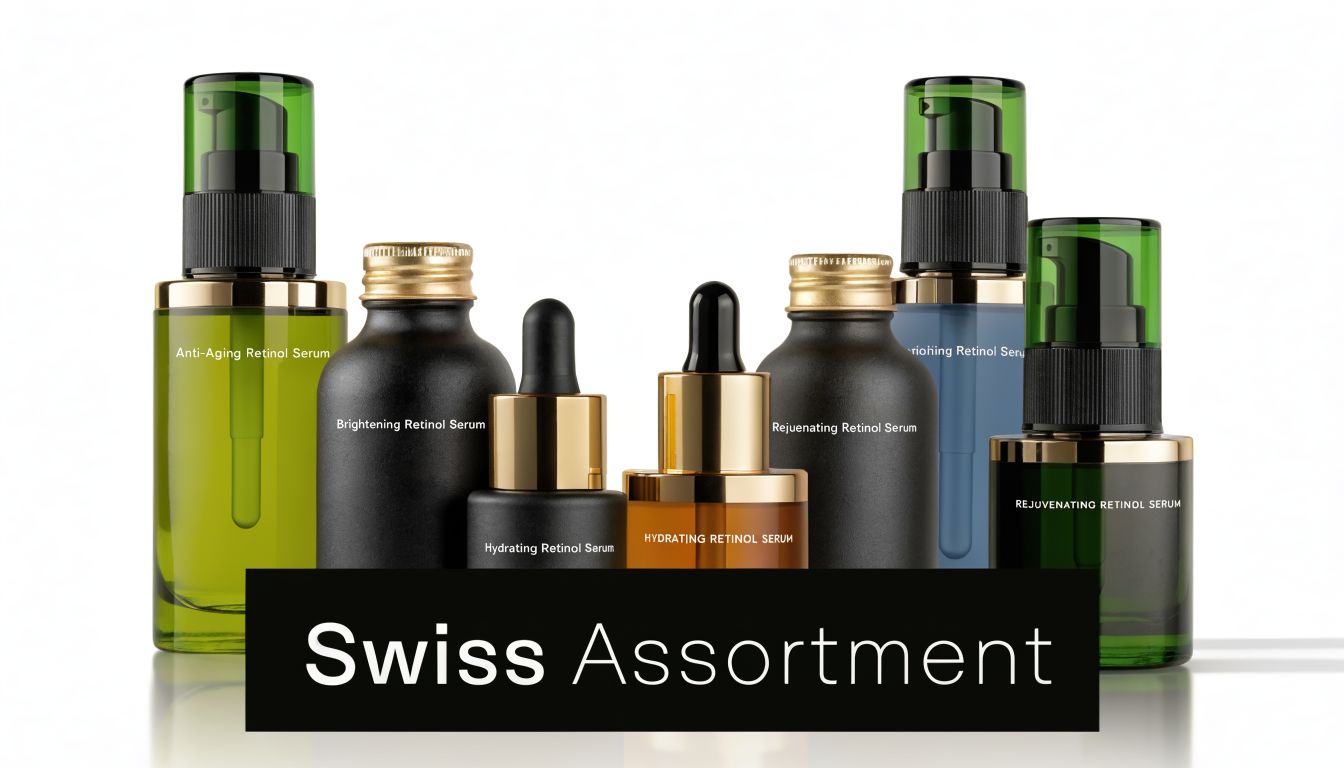A curated collection of various retinol serum bottles and dropper vials arranged for a luxury skincare brand.