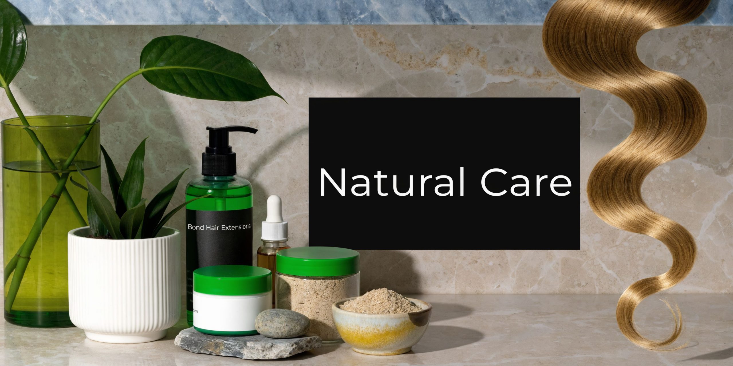 A natural hair care collection featuring hair extensions, beauty products, and plants on a stone surface.