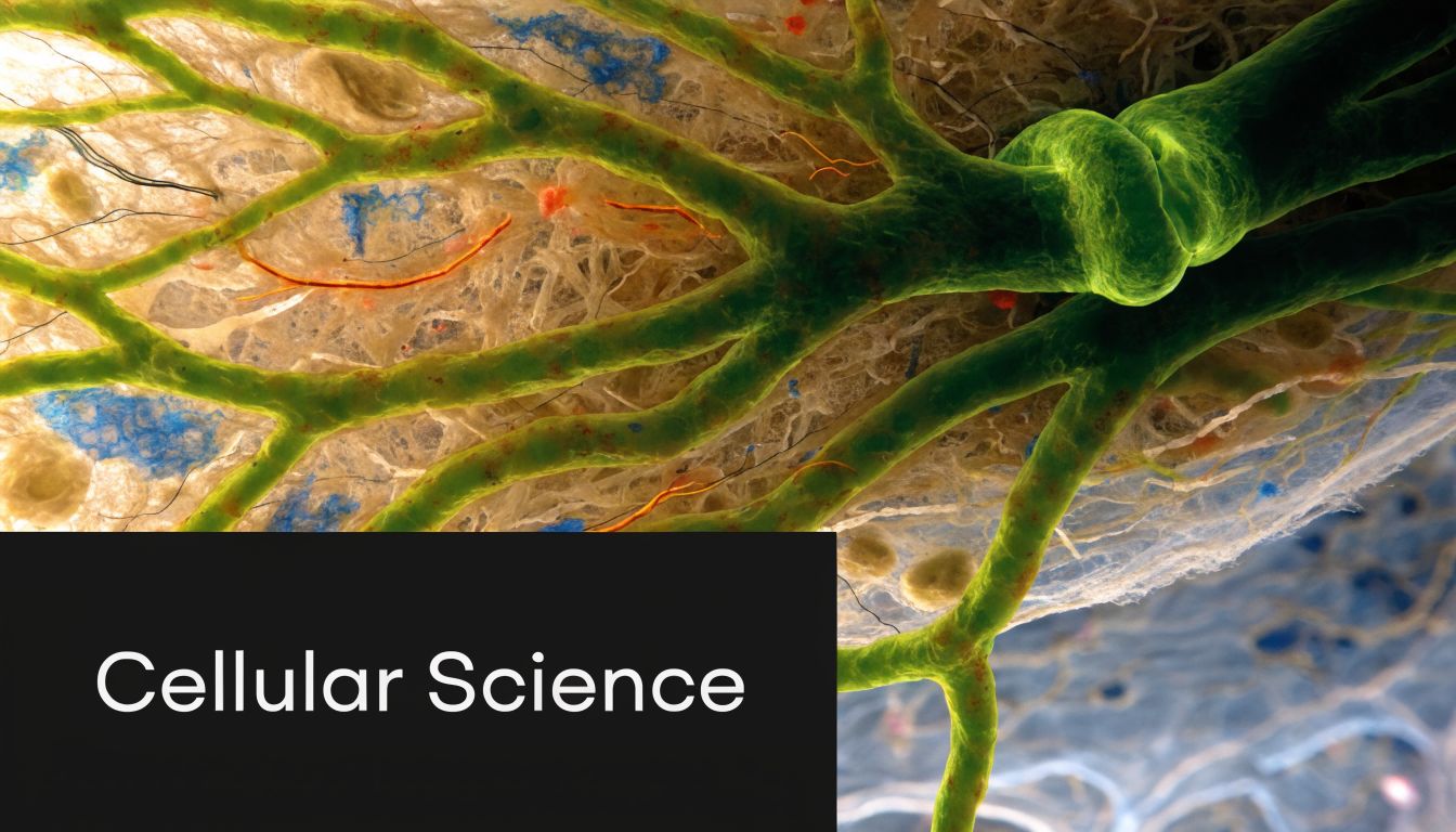A detailed microscopic view of biological structures and cellular networks labeled with the text Cellular Science.