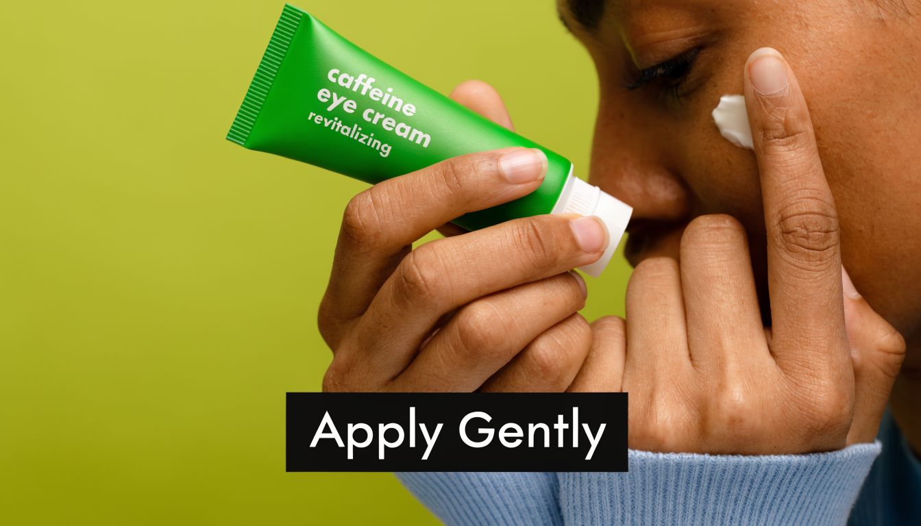 A close-up view of a person applying revitalizing caffeine eye cream under their eye gently with fingers.