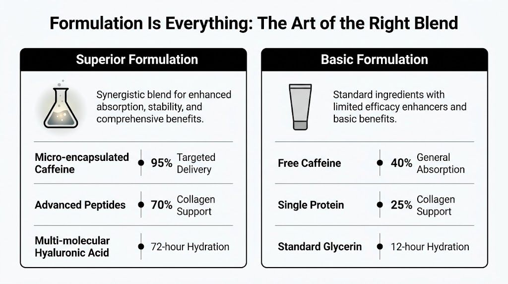 A comparison chart showing how superior formulation caffeine eye cream ingredients outperform basic standard skincare ingredients.